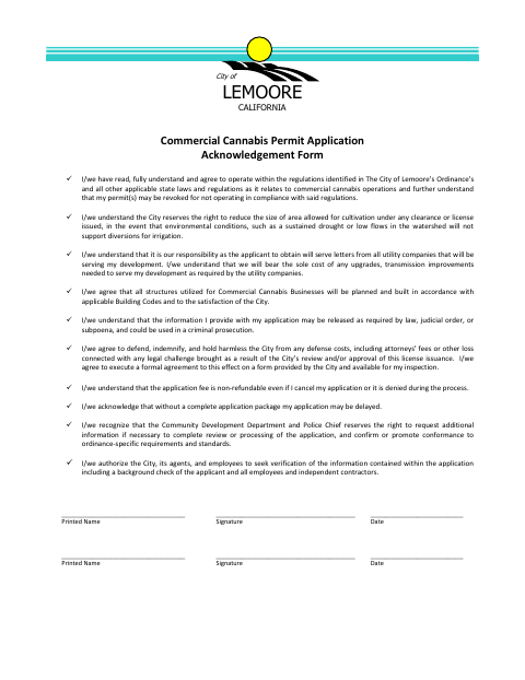 First page of the Commercial Cannabis Permit Application Acknowledgement Form