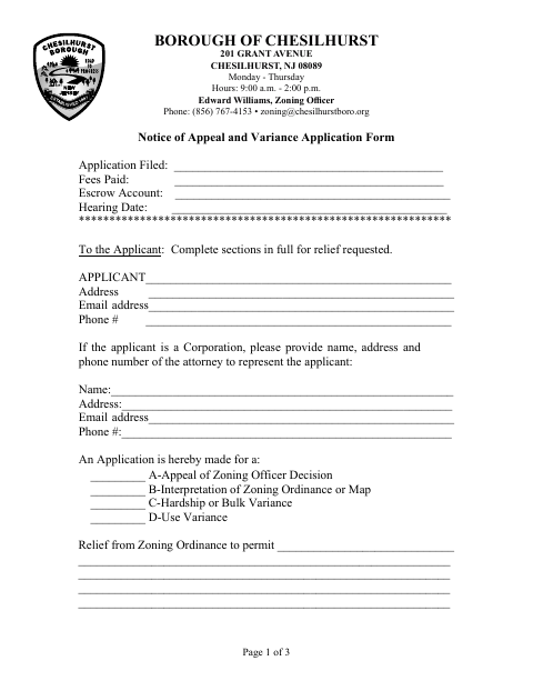 First page of the Notice of Appeal and Variance Application