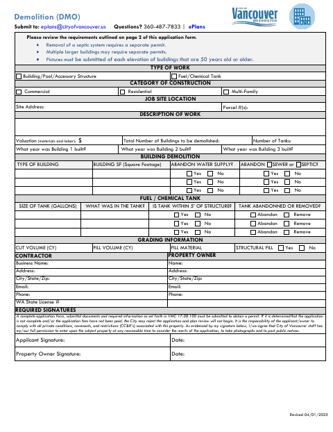 First page of the Demolition Application Form