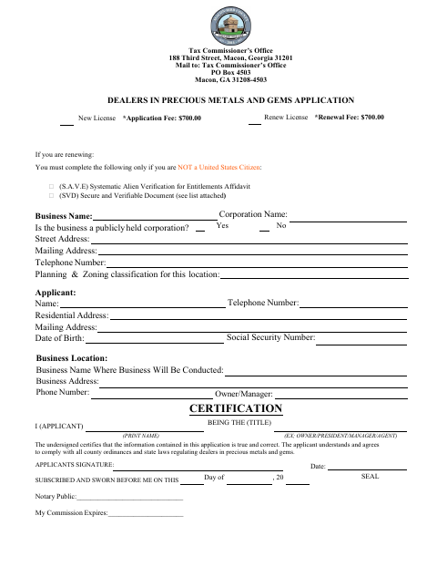First page of the Dealers in Precious Metals and Gems Application