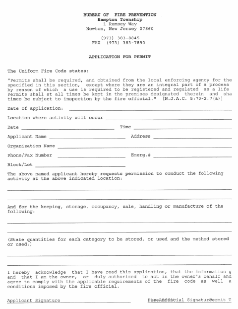 First page of the Fire Permit Application
