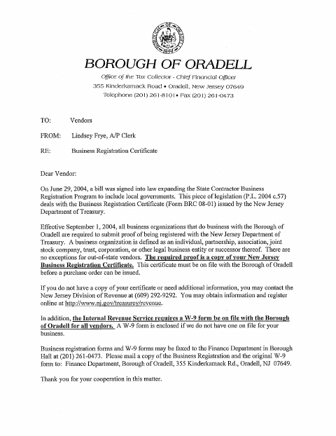 First page of the Vendor Information – W-9 Form