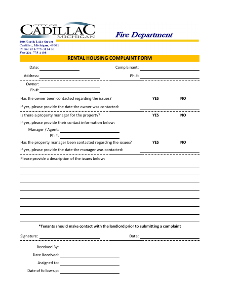 First page of the Rental Housing Complaint Form