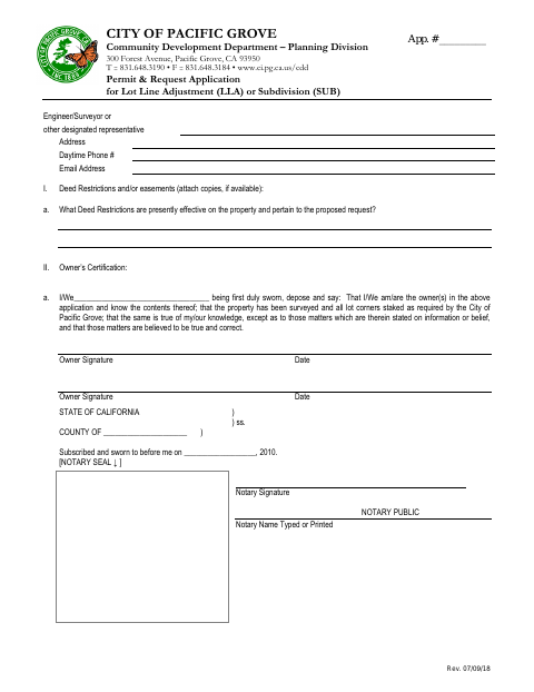 First page of the Lot Line Adjustment / Subdivision Owner's Certification