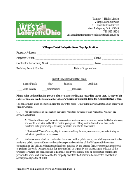 First page of the Sewer Tap Application