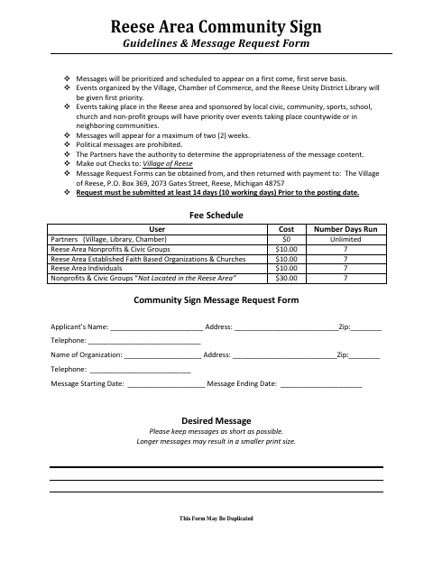 First page of the Community Sign Guidelines & Message Request Form