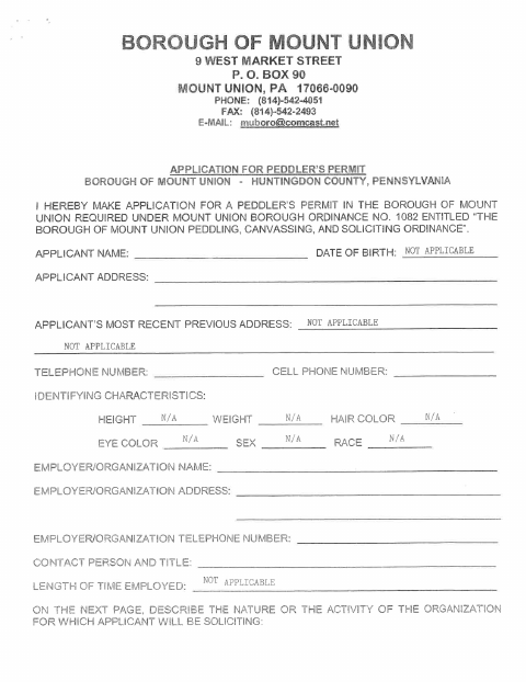 First page of the Peddler’s Permit Application