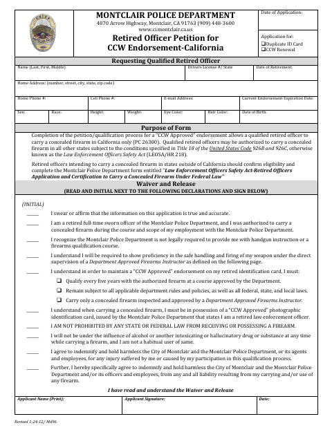 First page of the Retired Officer Petition for CCW Endorsement