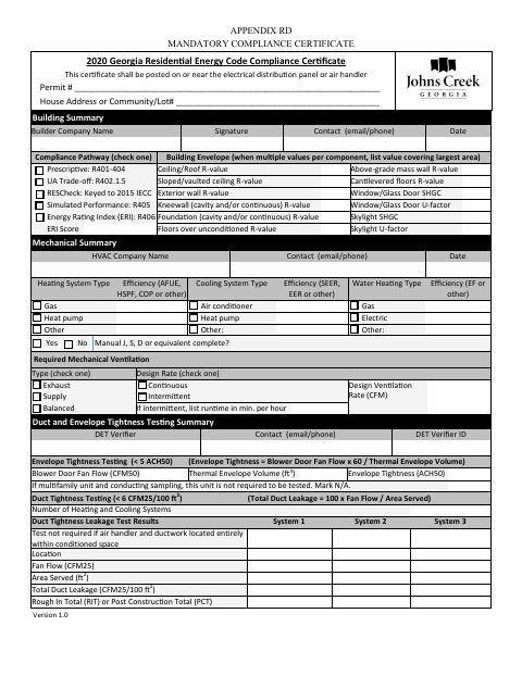 First page of the Georgia Residential Energy Code Compliance Certificate