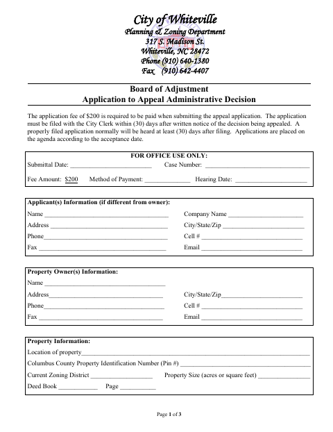 First page of the Board of Adjustment Application to Appeal Administrative Decision