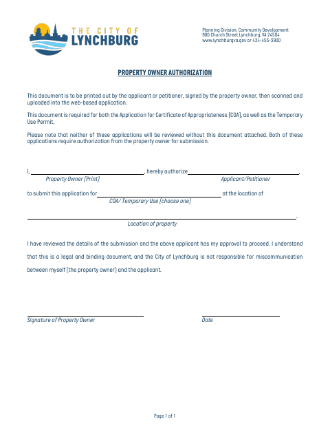 First page of the Property Owner Authorization