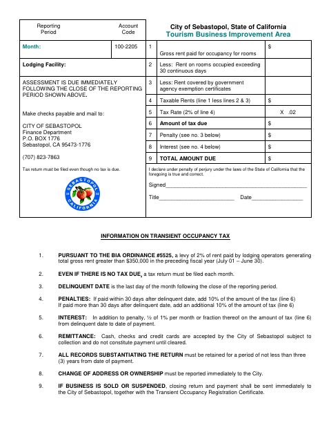 First page of the Tourism Business Improvement Area Return