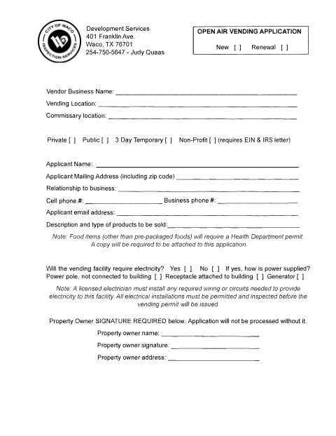 First page of the Open Air Vending Application