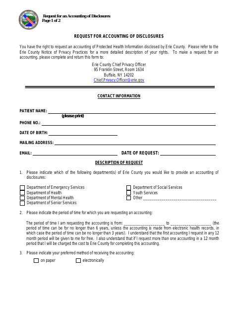 First page of the Request for an Accounting of Disclosures