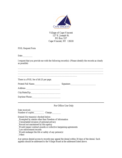 First page of the FOIL Request Form
