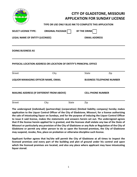 First page of the Sunday Liquor License Application