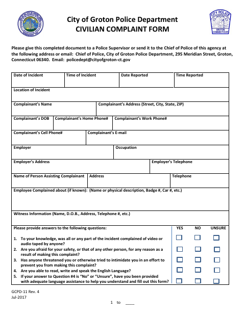 First page of the Civilian Complaint Form