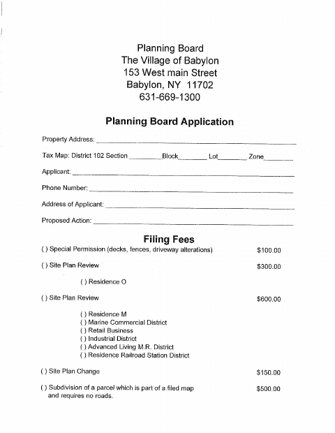 First page of the Planning Board Application