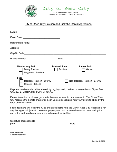 First page of the Pavilion and Gazebo Rental Agreement