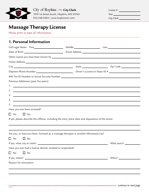 First page of the Massage Therapy License Application