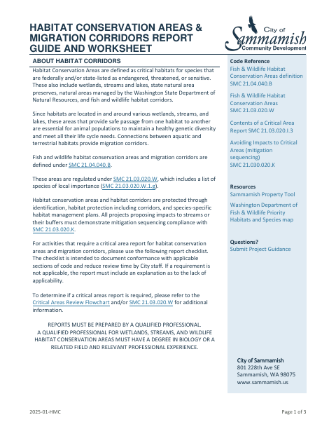 First page of the Habitat Conservation Areas and Migration Corridors Report Guide and Worksheet