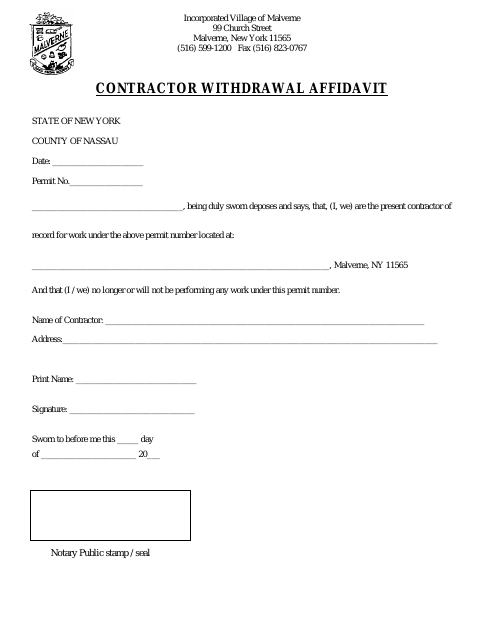 First page of the Contractor Withdrawal Affidavit