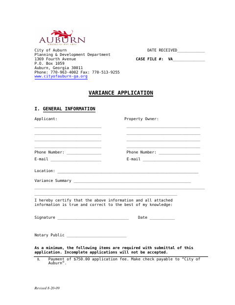 First page of the Variance Application