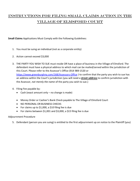 First page of the Small Claims Action Application and Filing Instructions