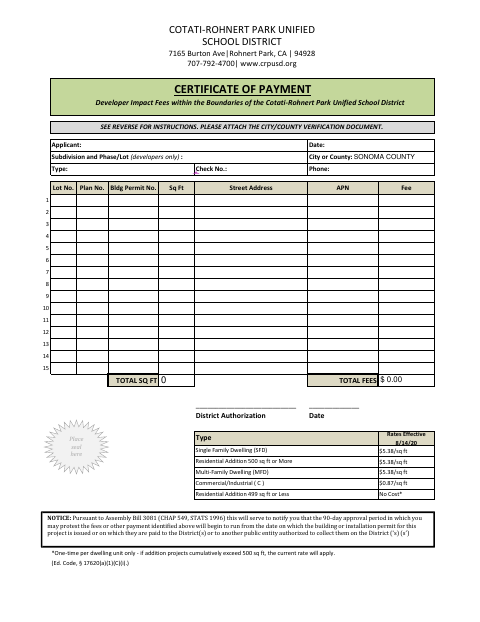 First page of the Certificate of Payment for Developer Impact Fees
