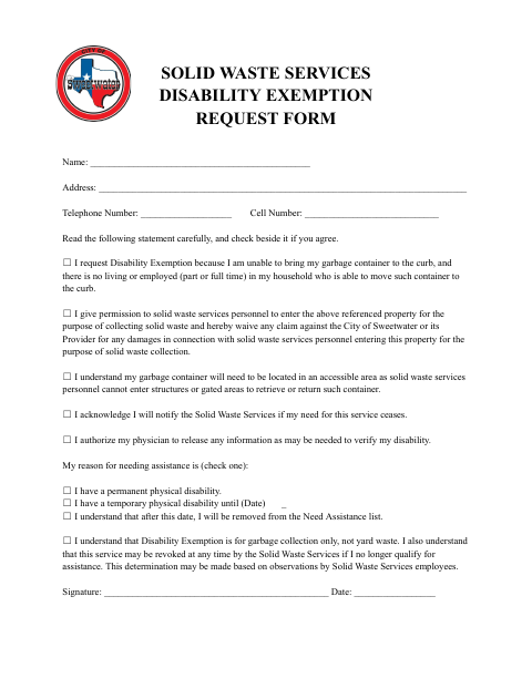 First page of the Solid Waste Services Disability Exemption Request Form