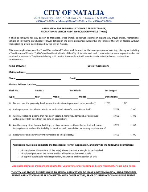 First page of the Travel Trailer, Recreational Vehicle, and Tiny Home on Wheels Installation Application