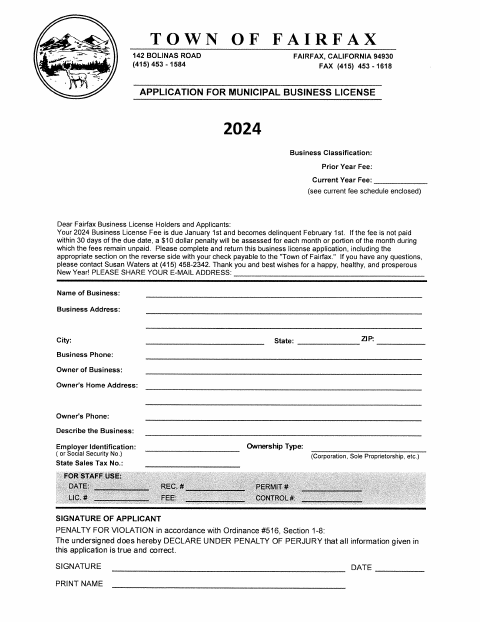First page of the 2024 Business License Application