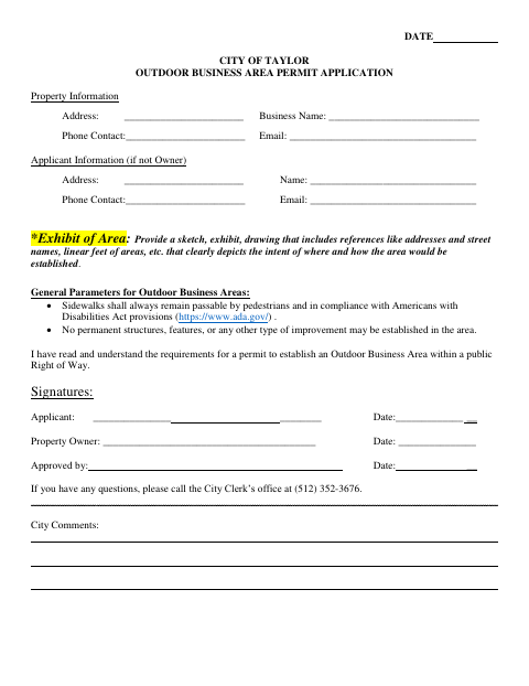 First page of the Outdoor Business Area Permit Application