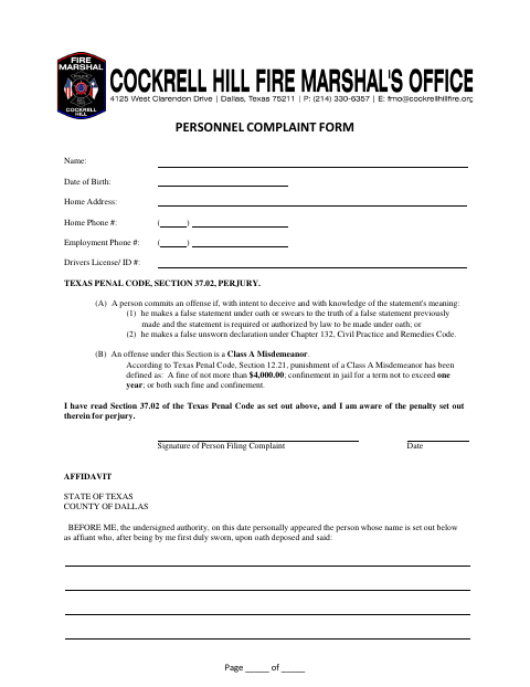 First page of the Personnel Complaint Form