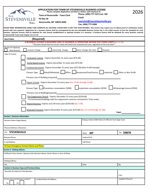 First page of the 2026 Business License Application