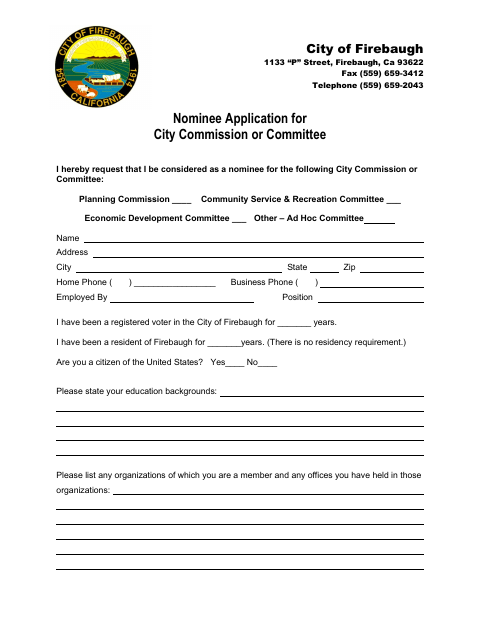 First page of the Nominee Application for City Commission or Committee