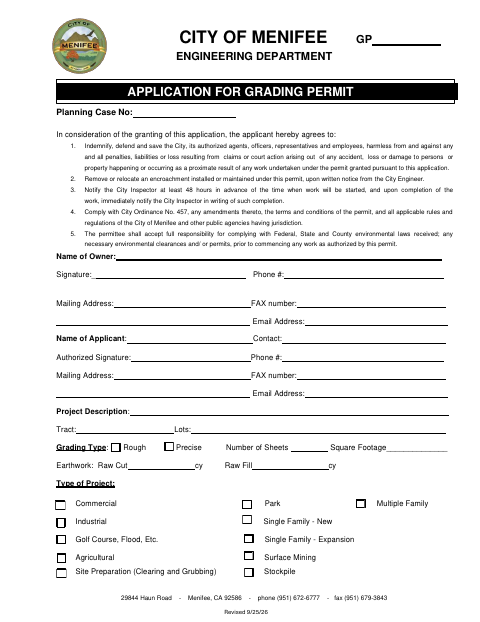 First page of the Application for Grading Permit