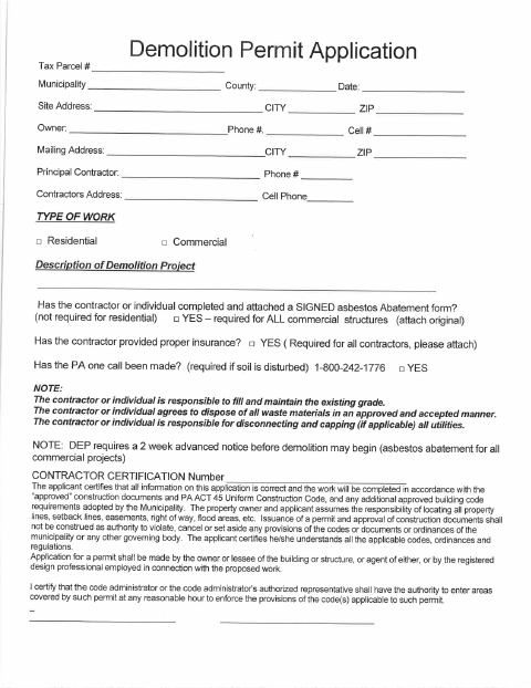 First page of the Demolition Permit Application