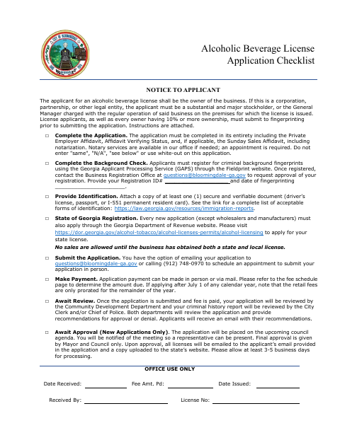 First page of the Alcoholic Beverage License Application Checklist