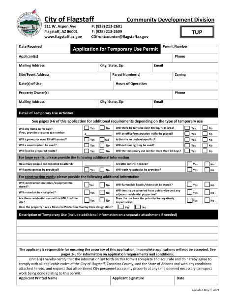 First page of the Temporary Use Permit Application