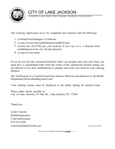 First page of the Catering Permit Application