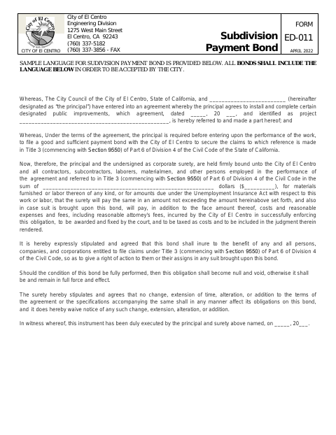 First page of the Subdivision Payment Bond