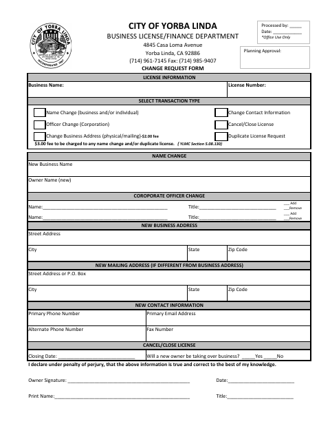 First page of the Business License Change Request Form
