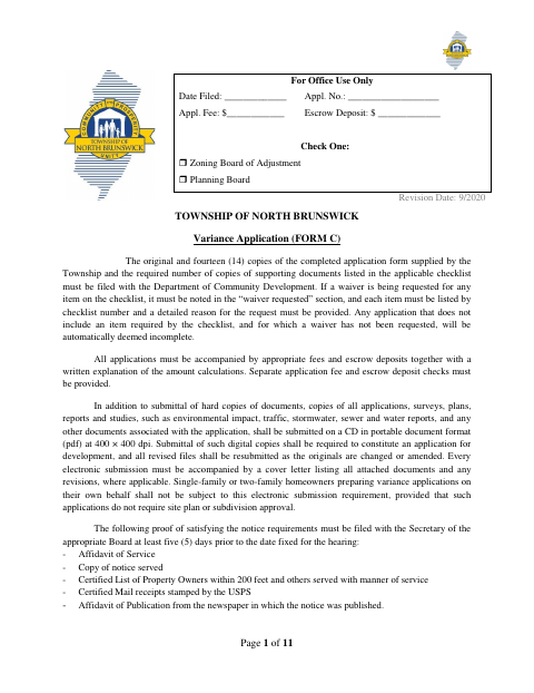 First page of the Variance Application