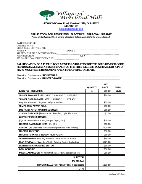 First page of the Application for Residential Electrical Approval / Permit