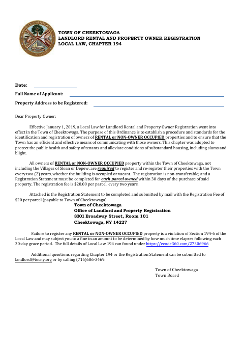 First page of the Landlord Rental and Property Owner Registration Statement (Multiple Parcels)