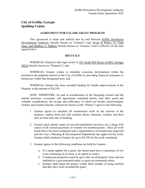 First page of the Façade Grant Program Agreement