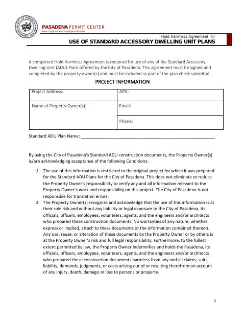 First page of the Hold Harmless Agreement for Use of Standard Accessory Dwelling Unit Plans