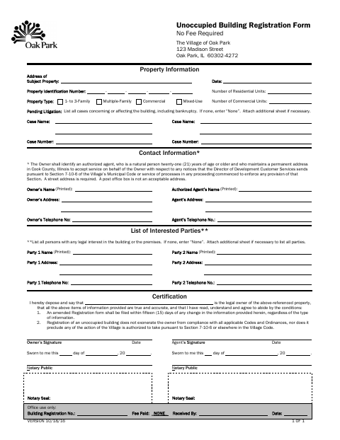 First page of the Unoccupied Building Registration Form