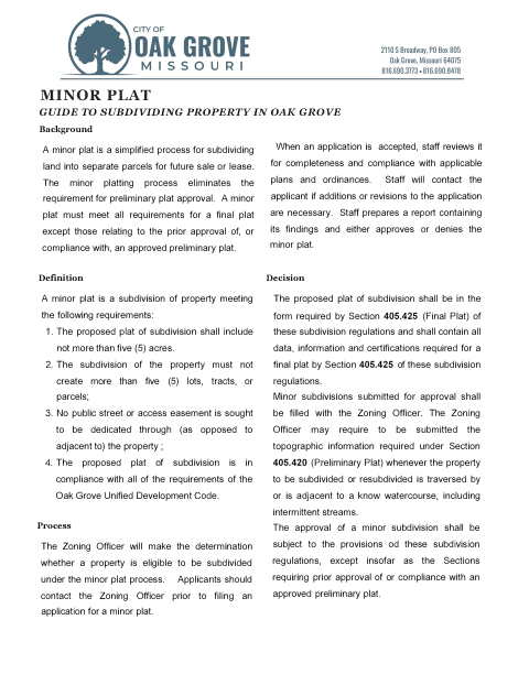 First page of the Minor Plat Application